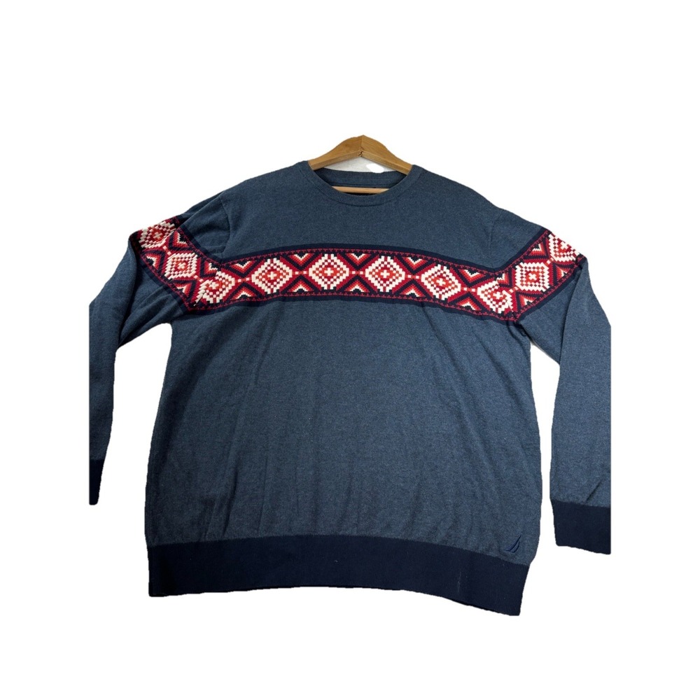 Nautica Men's XXL Knit Pullover Crew Neck Navy Blue Aztec Sweater Vtg Southwest
